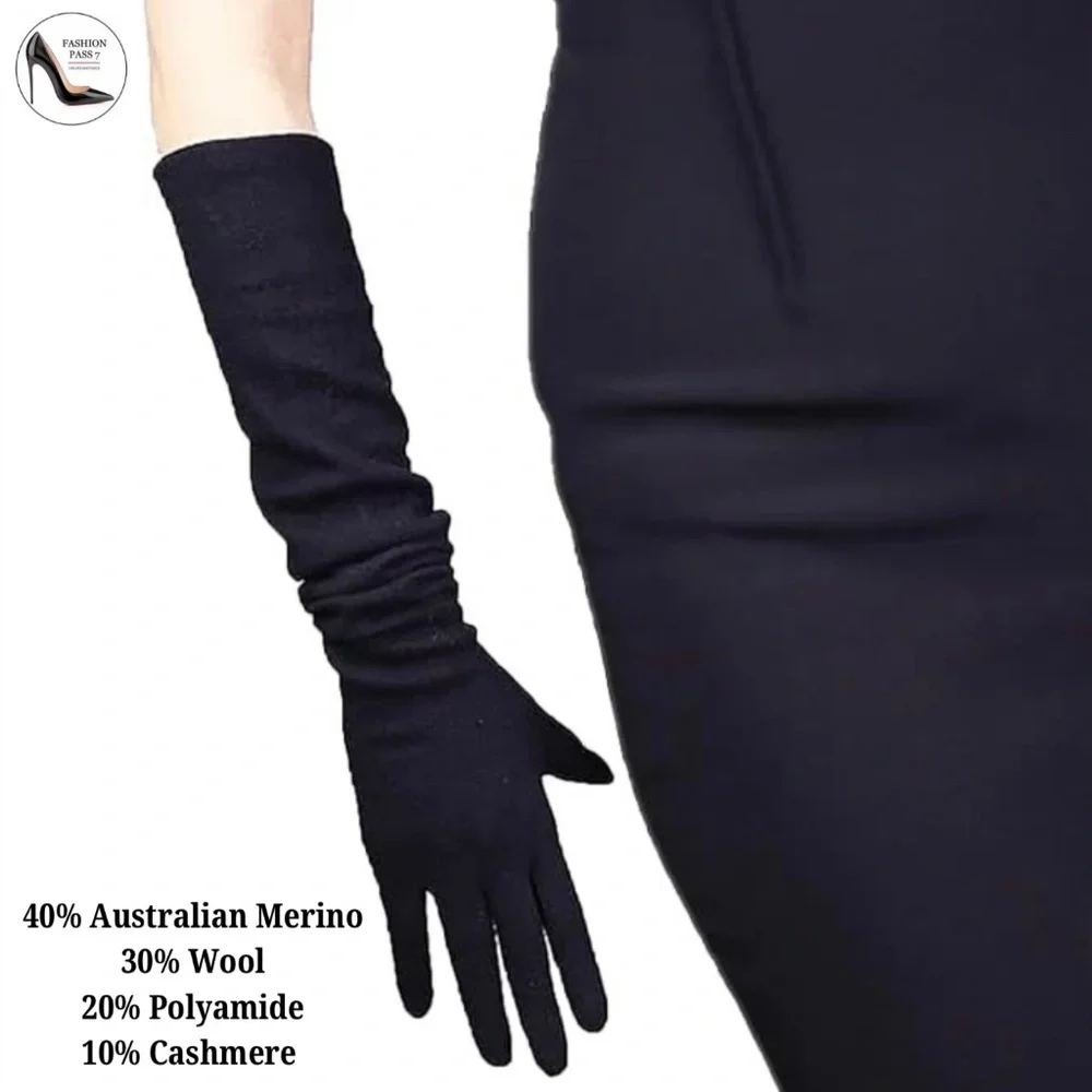 Long Cashmere Merino Wool Gloves Classical Black Opera Driving Winter Warm Glove